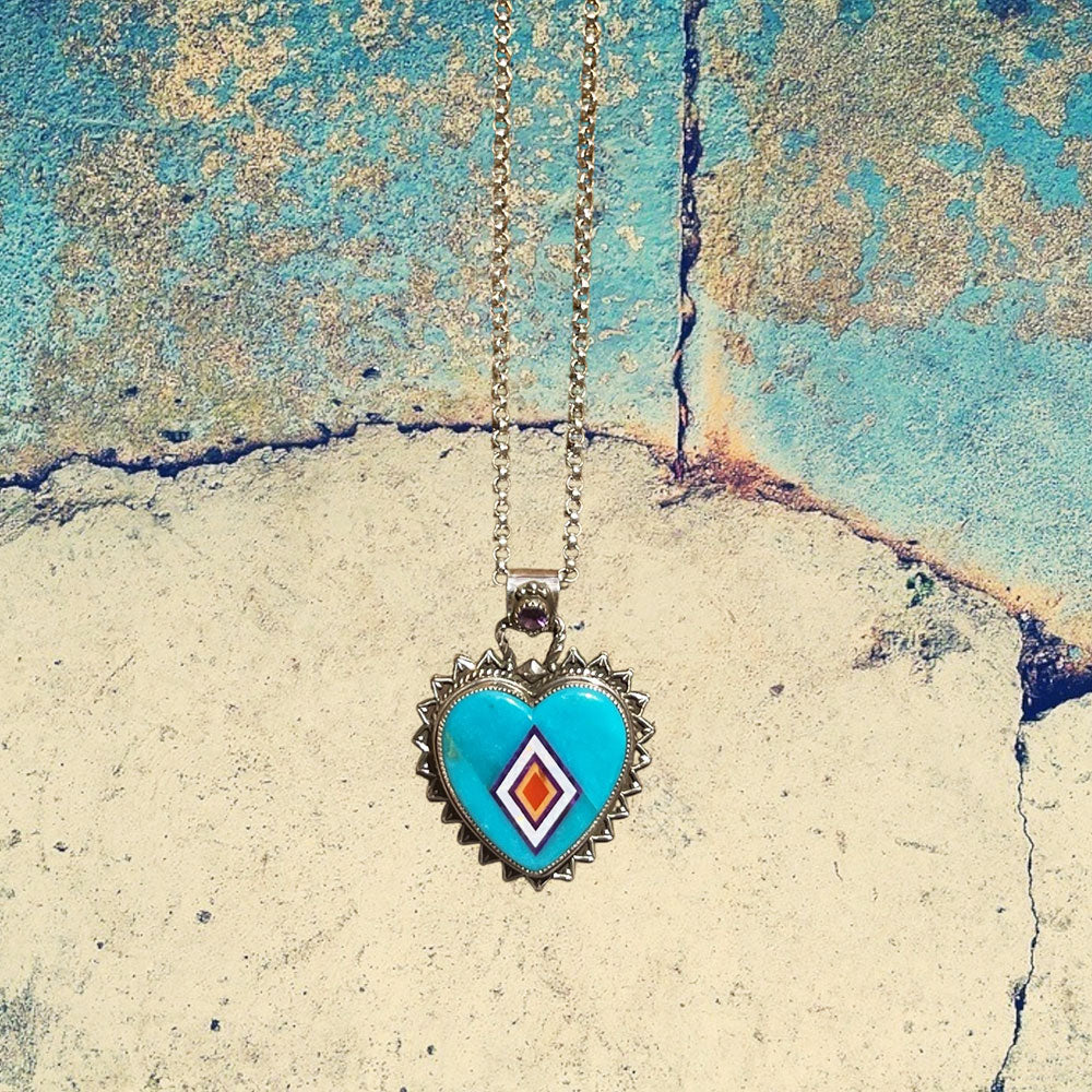 Sterling Silver Large Green Turquoise Heart Inlay and Amethyst Pendant With Hanging Bail